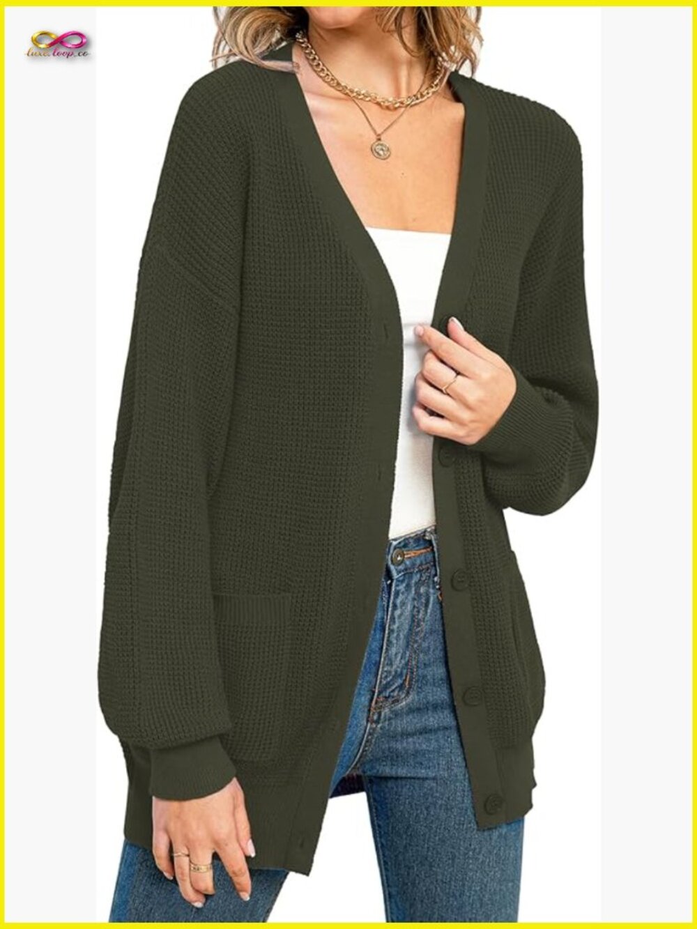 Oversized 100% Cotton Cardigan Button Down Knit Sweater with Pockets